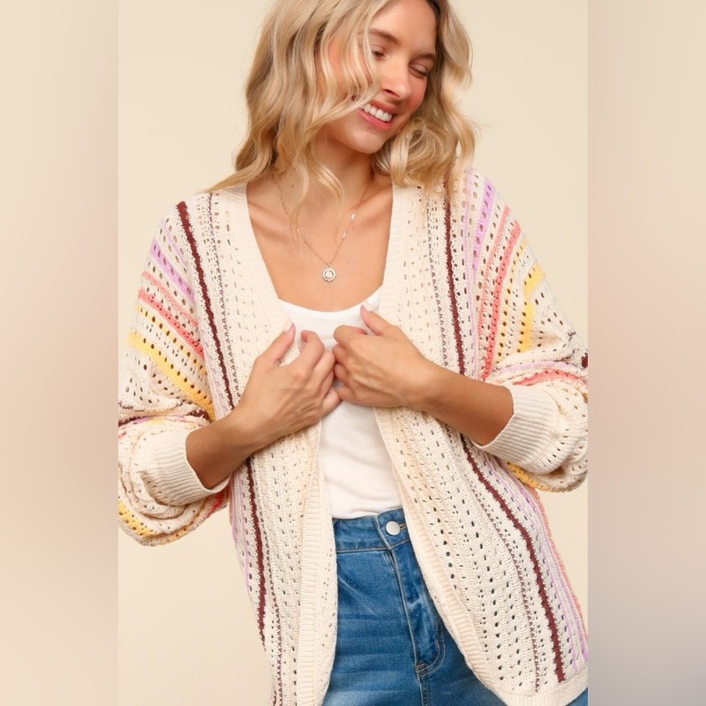 Haptics Full Size Striped Crochet Open Front Cardigan